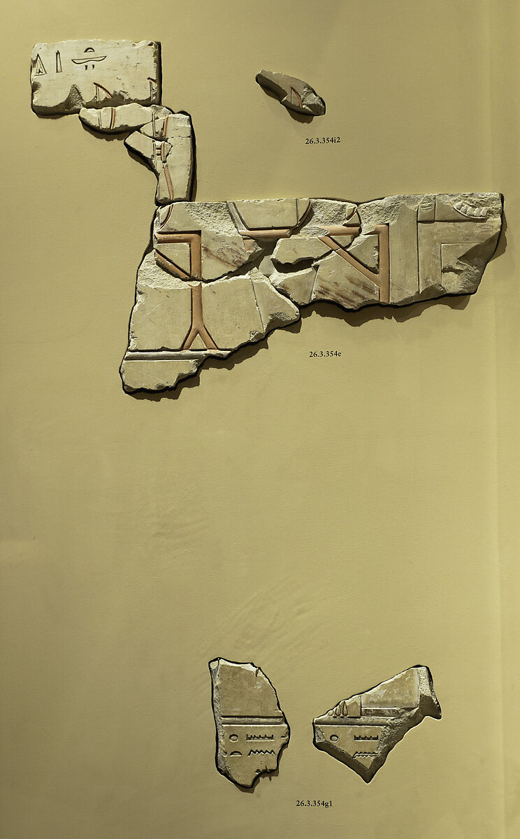 Relief scene of sacred objects to be used in Khety's funeral, Limestone, paint 