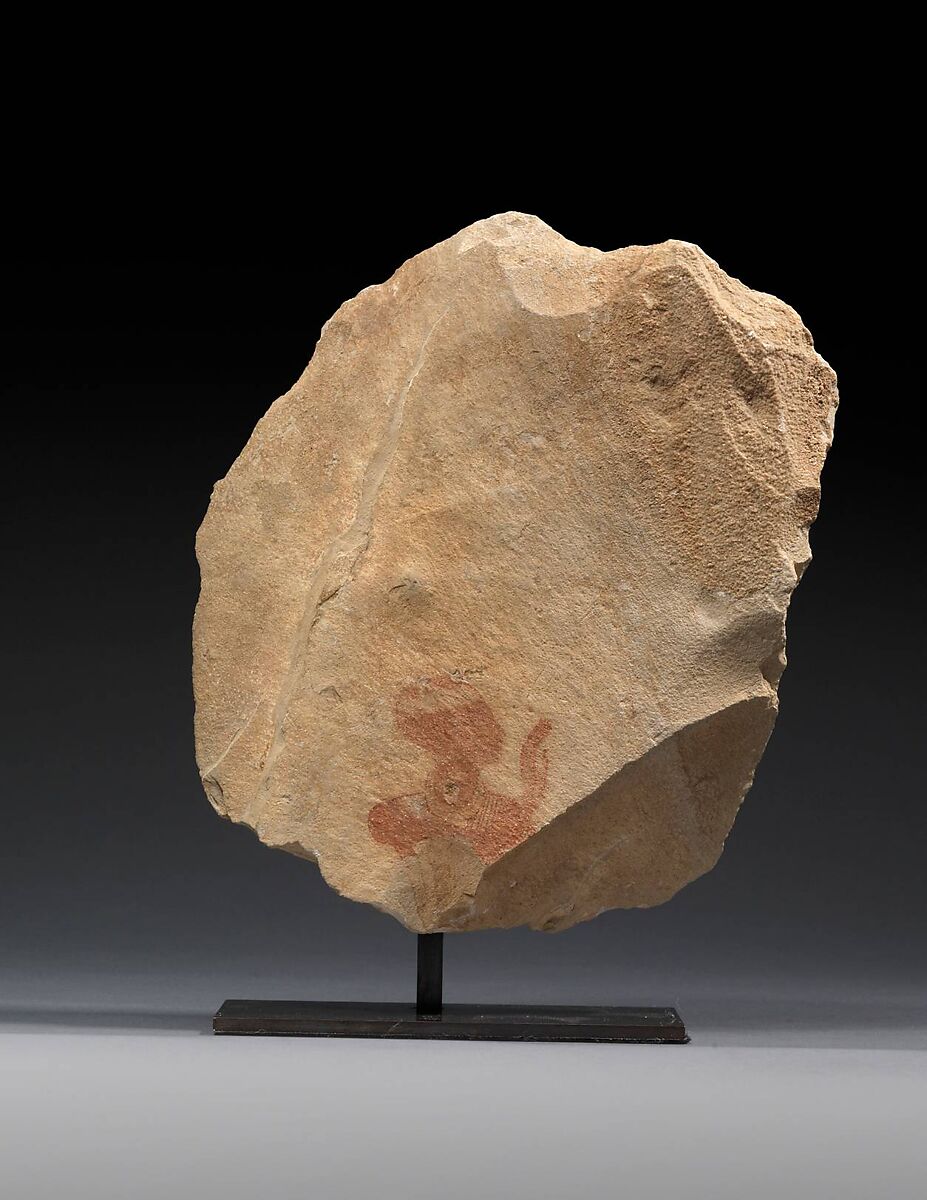 Fragmentary Ostracon Depicting a Priest, Limestone, paint 