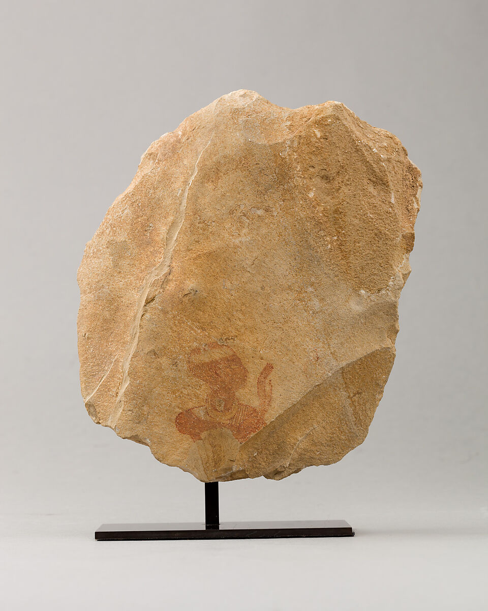 Fragmentary Ostracon Depicting a Priest, Limestone, paint