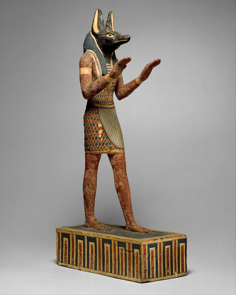 Statuette of a canid-headed god, probably Anubis, Plastered and painted wood