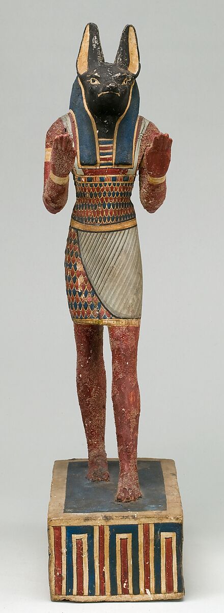 Statuette of a canid-headed god, probably Anubis, Plastered and painted wood