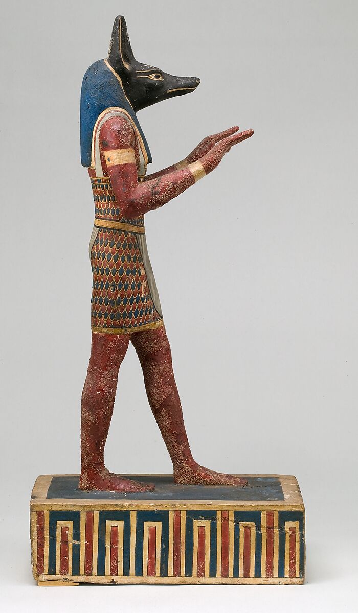 Statuette of a canid-headed god, probably Anubis, Plastered and painted wood