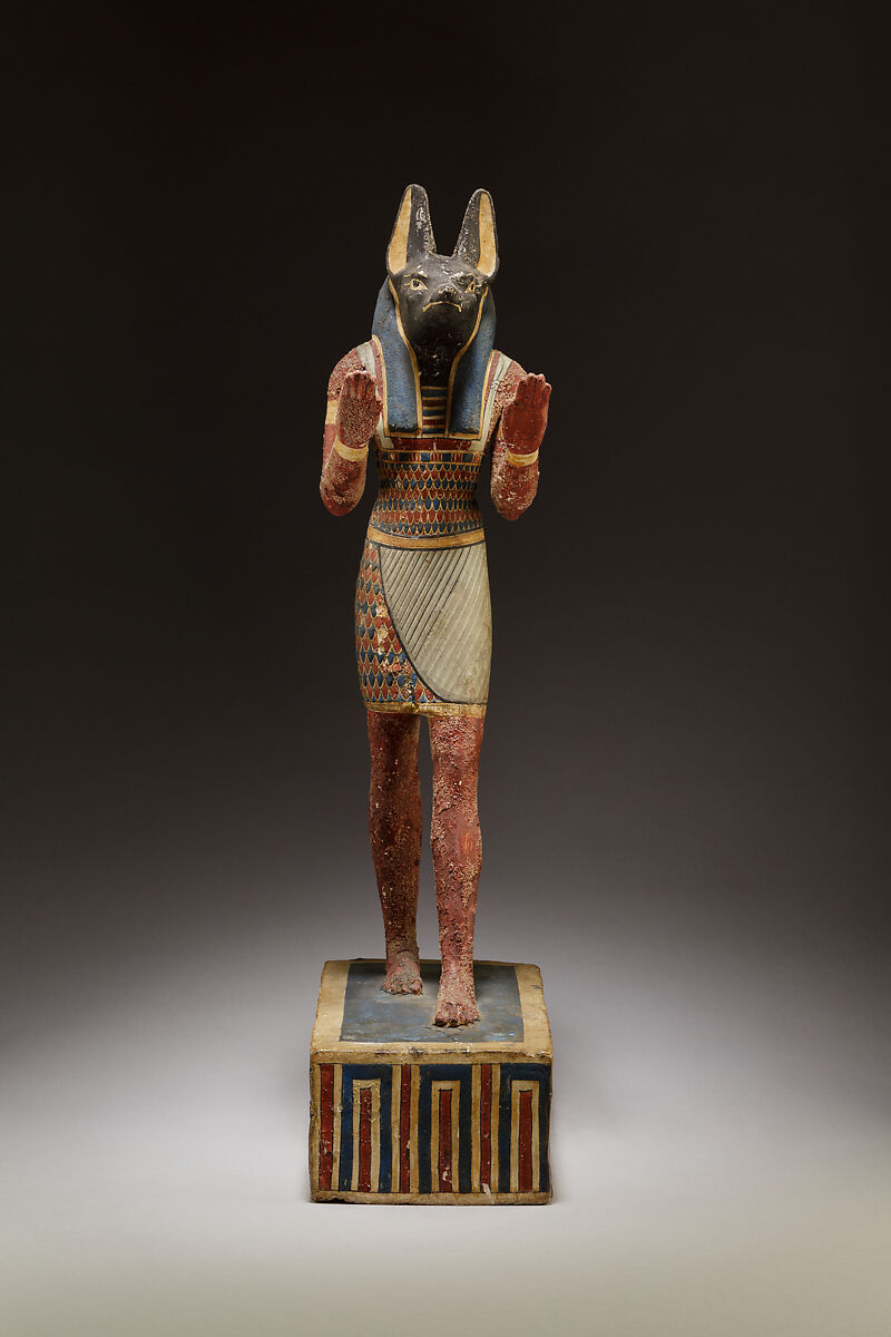 Statuette of a canid-headed god, probably Anubis, Plastered and painted wood