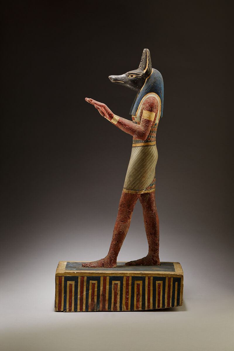 Statuette of a canid-headed god, probably Anubis, Plastered and painted wood