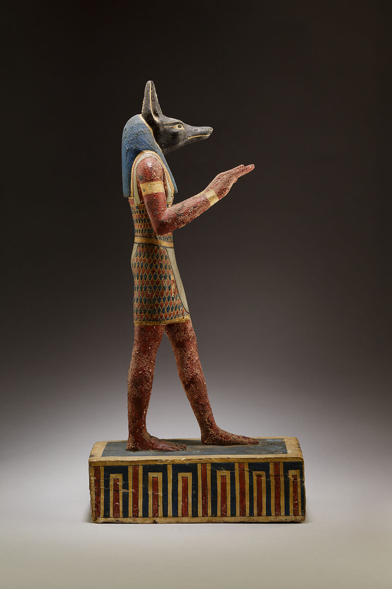 Statuette of a canid-headed god, probably Anubis, Plastered and painted wood