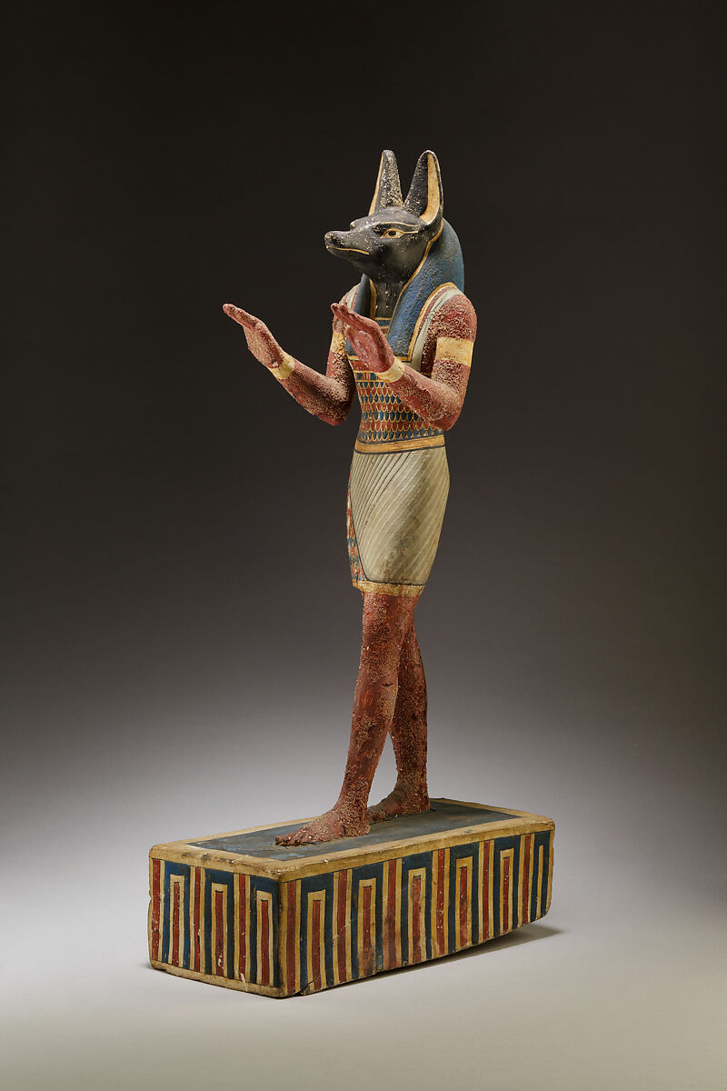 Statuette of a canid-headed god, probably Anubis, Plastered and painted wood
