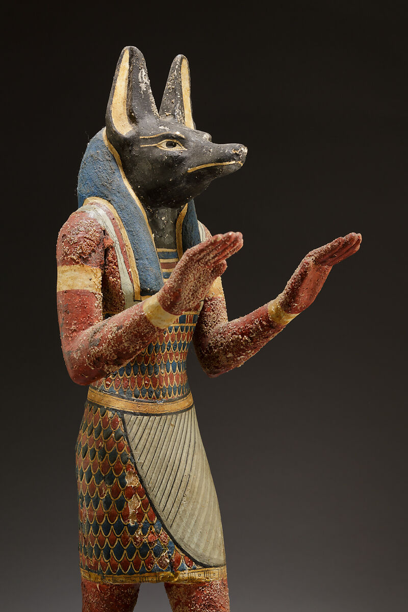 Statuette of a canid-headed god, probably Anubis, Plastered and painted wood