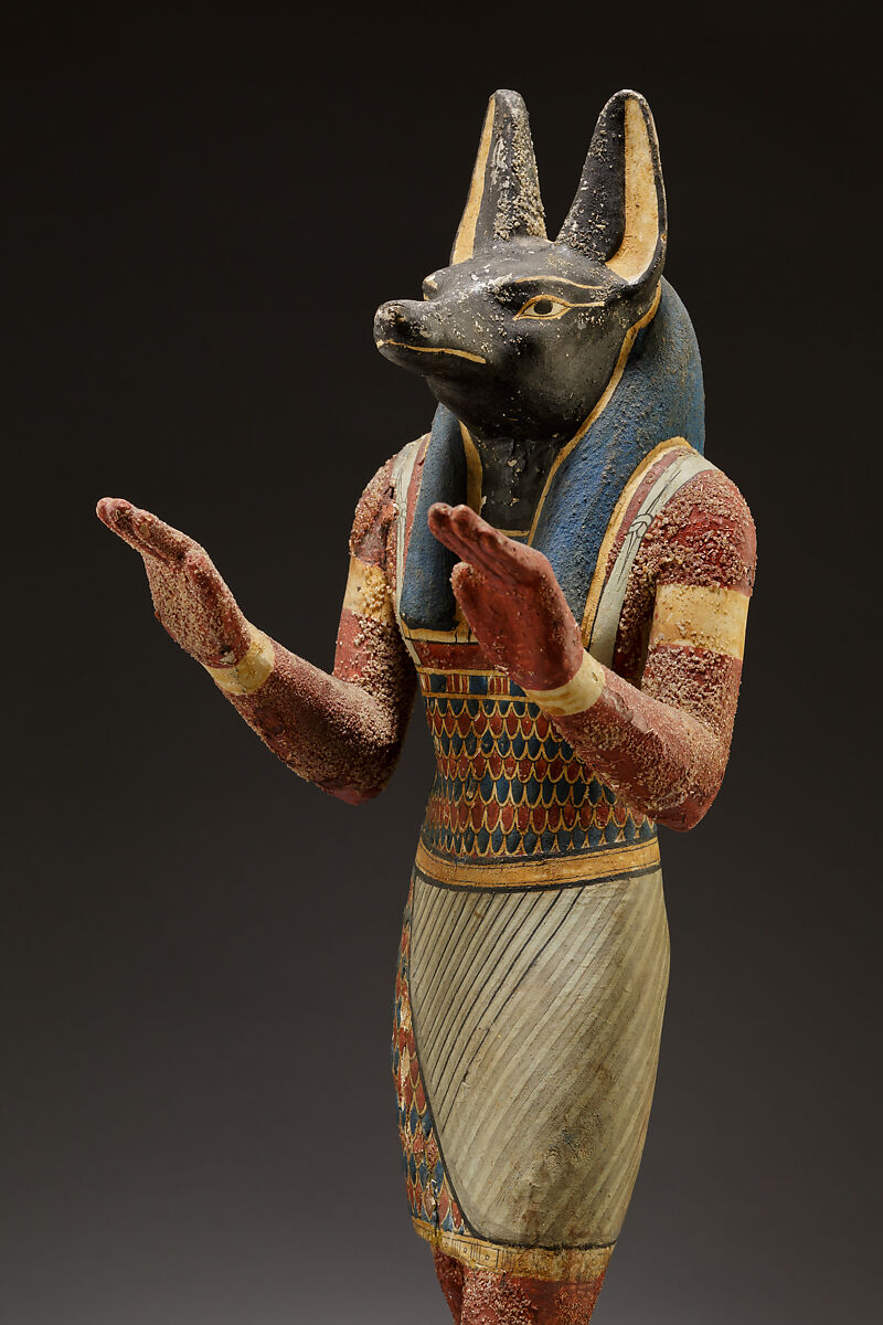 Statuette of a canid-headed god, probably Anubis, Plastered and painted wood