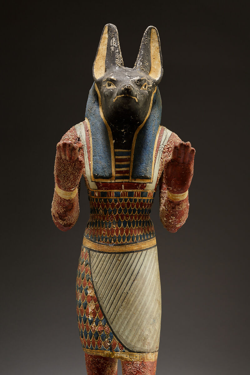 Statuette of a canid-headed god, probably Anubis, Plastered and painted wood