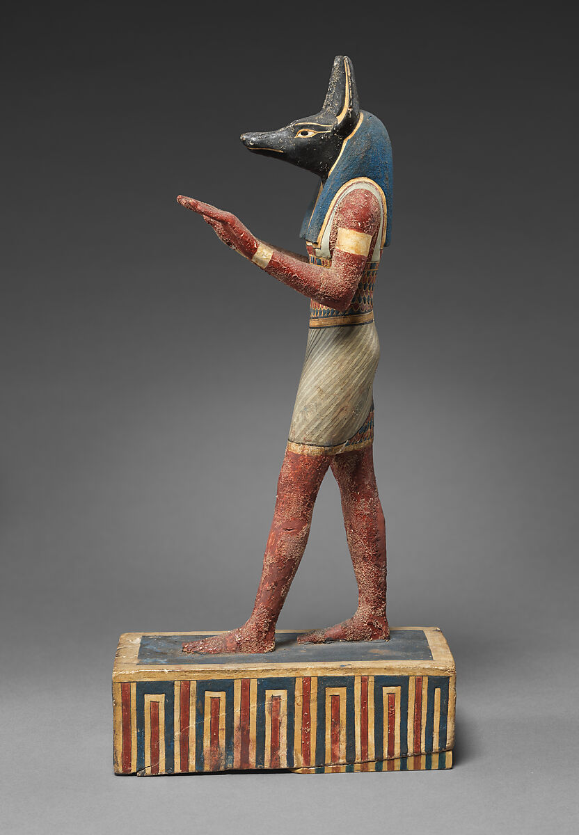Statuette of a canid-headed god, probably Anubis, Plastered and painted wood