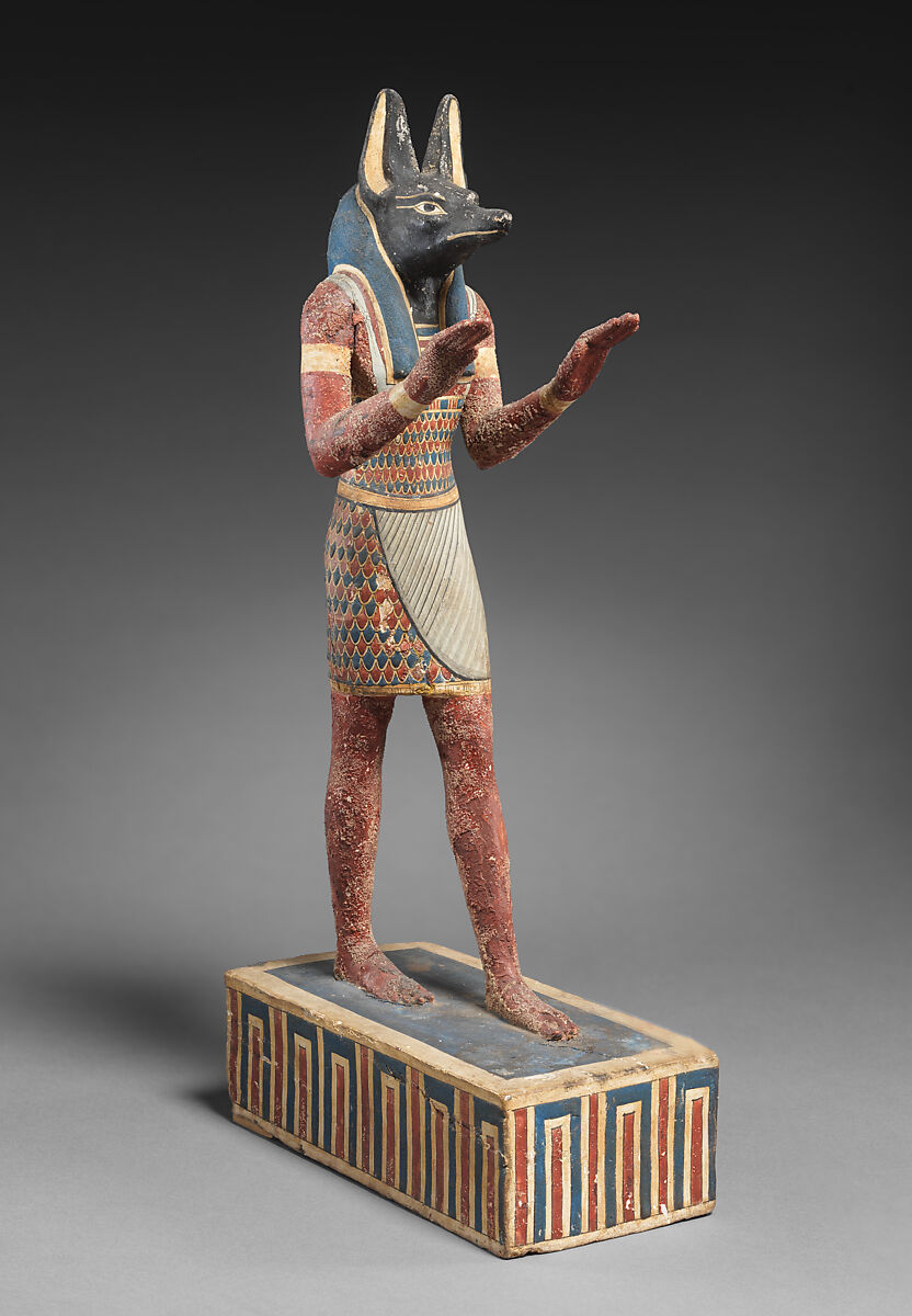 Statuette of a canid-headed god, probably Anubis, Plastered and painted wood