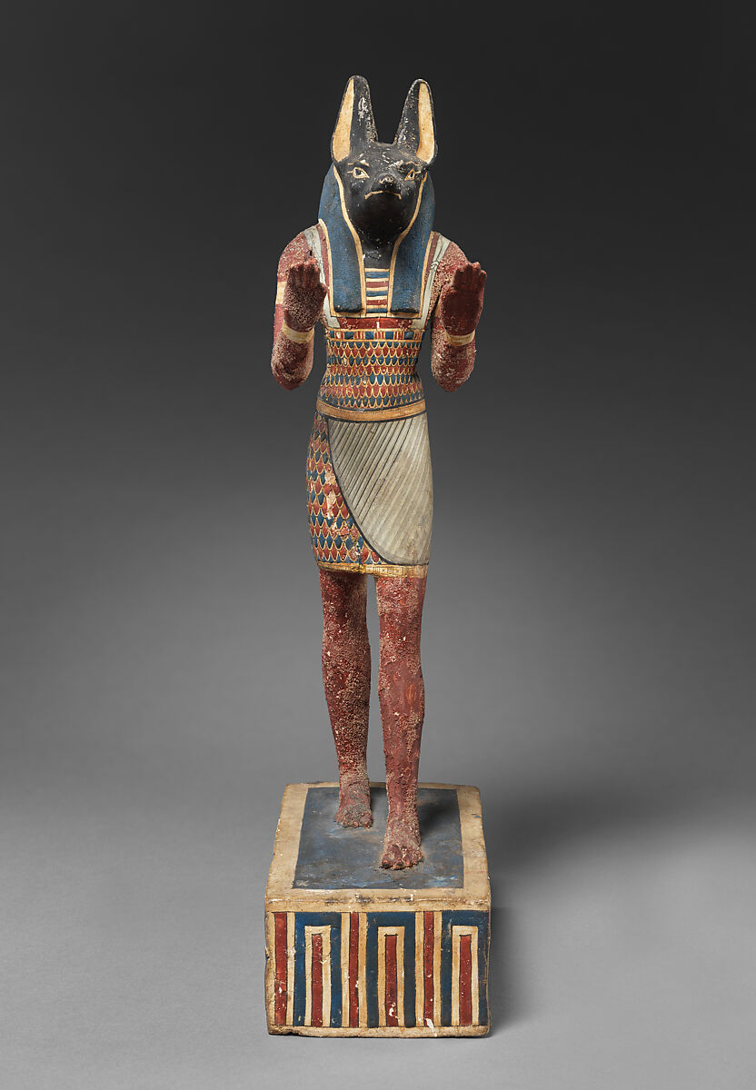Statuette of a canid-headed god, probably Anubis, Plastered and painted wood