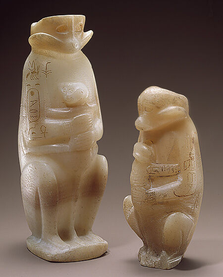 Two Vases in the Shape of a Mother Monkey with her Young, Travertine (Egyptian alabaster), paint, resin and pigment 