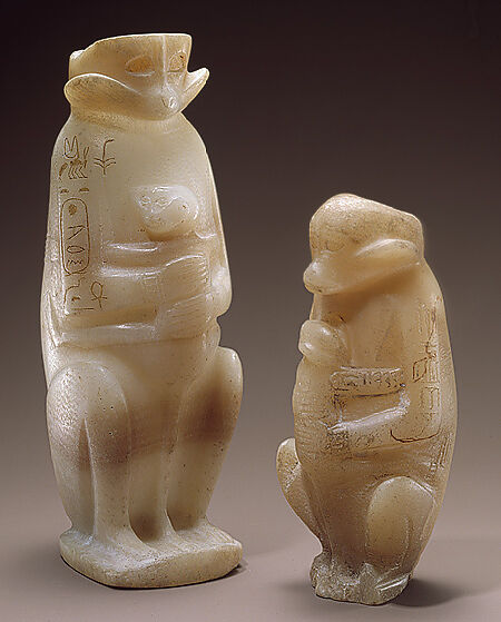 Two Vases in the Shape of a Mother Monkey with her Young, Travertine (Egyptian alabaster), paint, resin and pigment