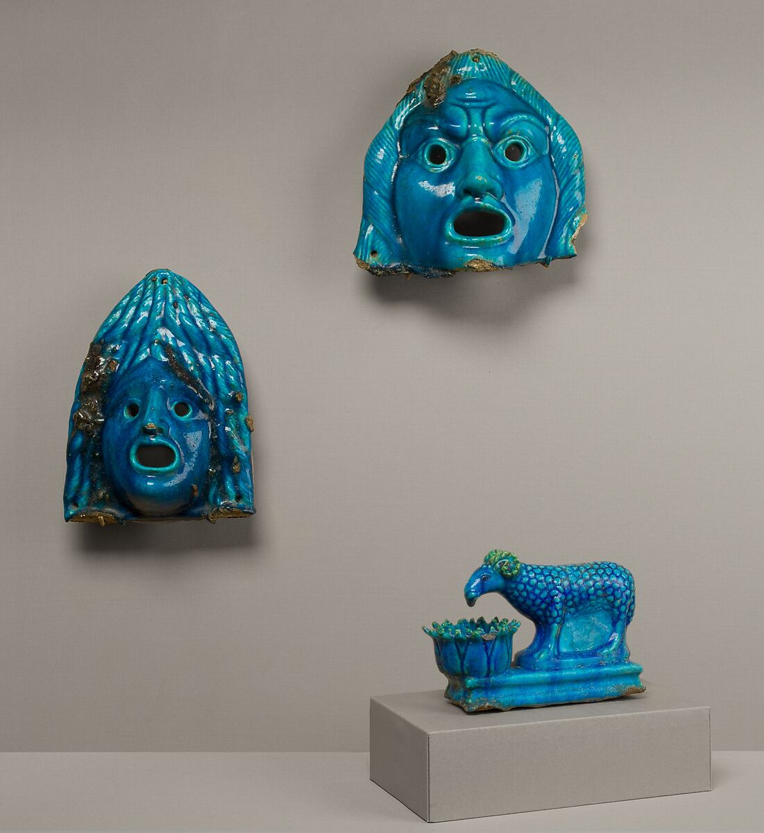 Theatrical Masks and Ram Vessel for Offering, faience 