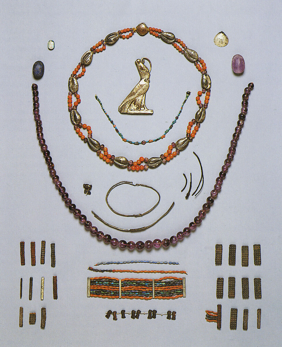 Objects from Theban Tomb MMA 840, Electrum, carnelian, amethyst, lapis lazuli, turquoise 