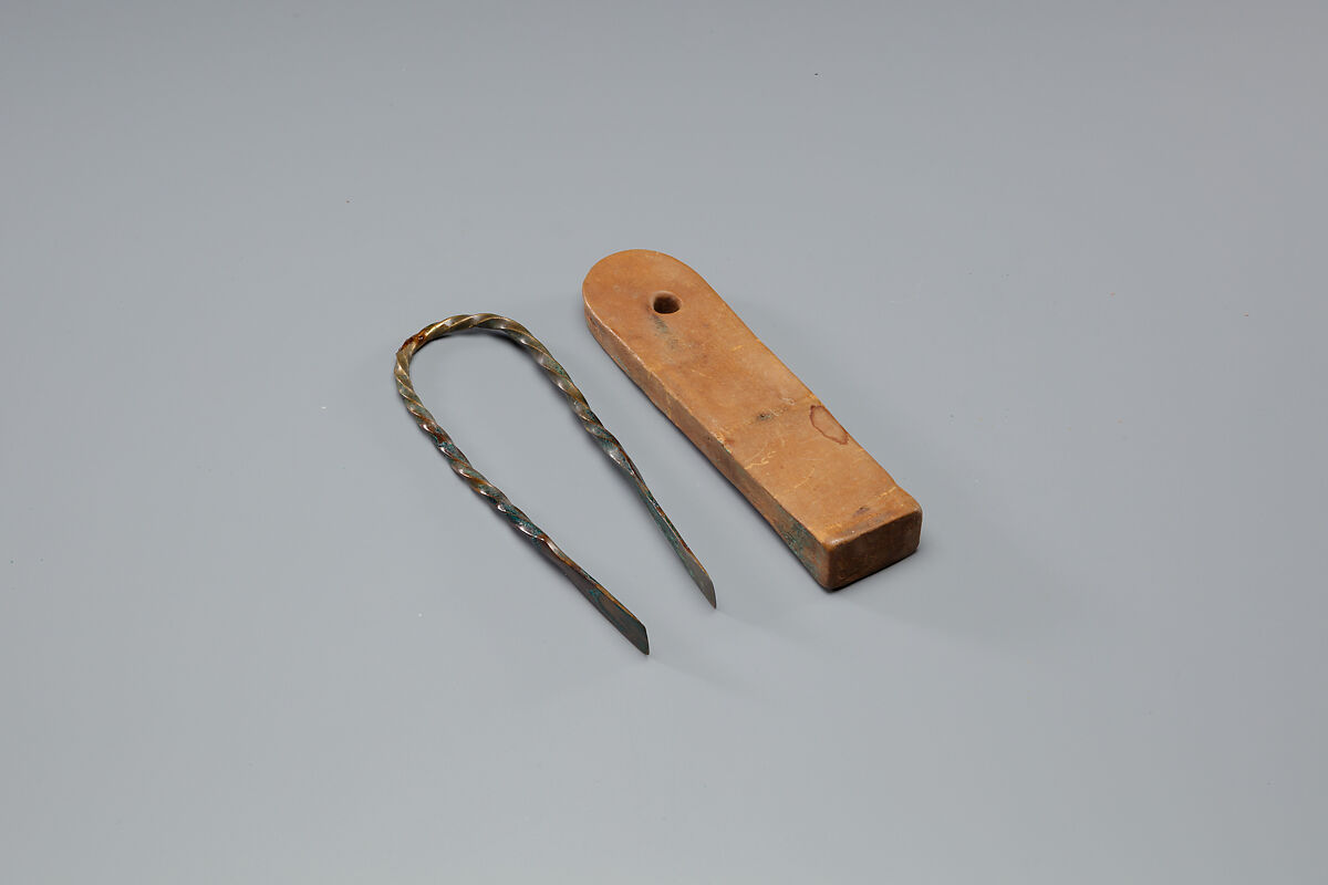 Tweezers Mounted on a Wood Block, Wood, bronze or copper alloy