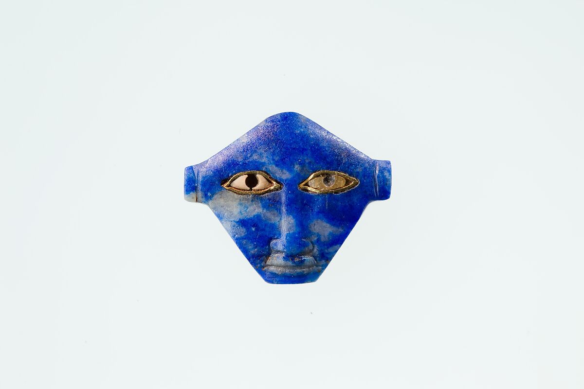 Face of the goddess Hathor, Lapis lazuli, gold, travertine (Egyptian alabaster)