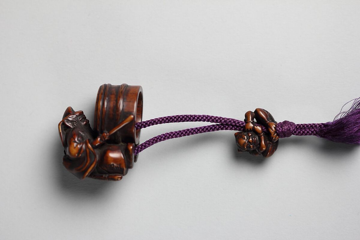 Netsuke of Shoki Looking into a Well at Ōni Ojime, Wood, Japan