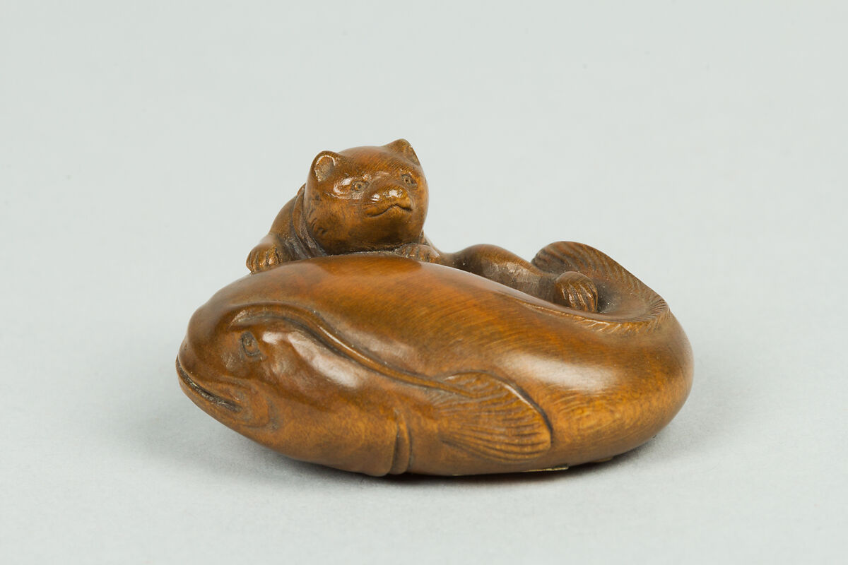 Netsuke of Carp and Cat, Wood, Japan 