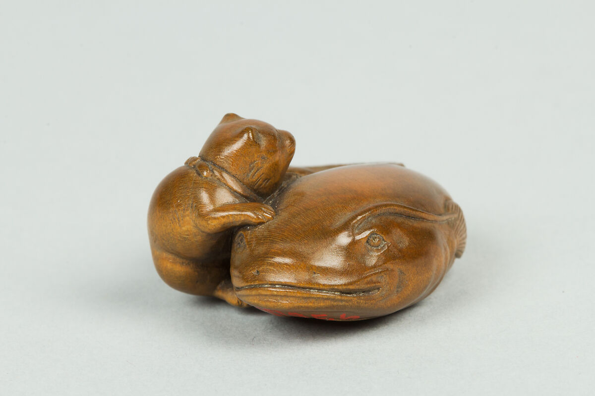 Netsuke of Carp and Cat, Wood, Japan