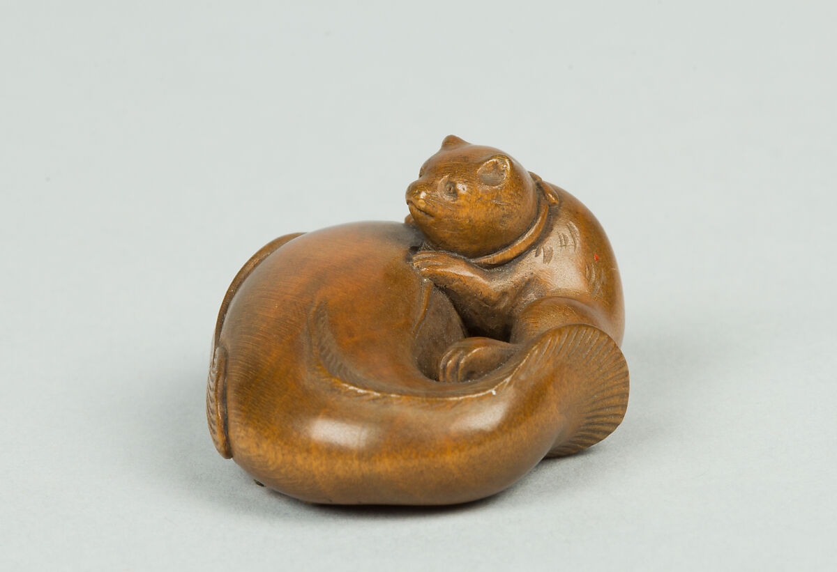 Netsuke of Carp and Cat, Wood, Japan