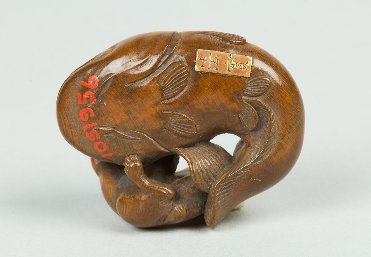 Netsuke of Carp and Cat, Wood, Japan