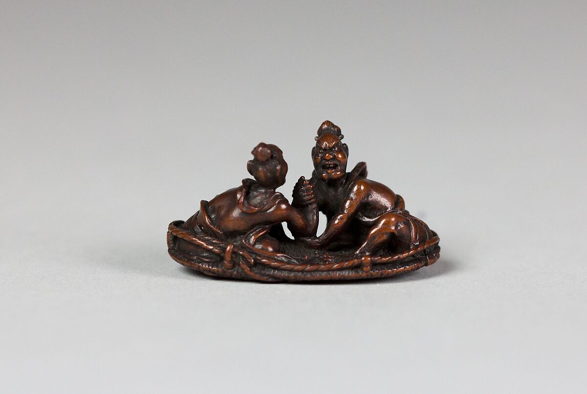 Netsuke of Two Figures Arm-Wrestling, Wood, Japan 