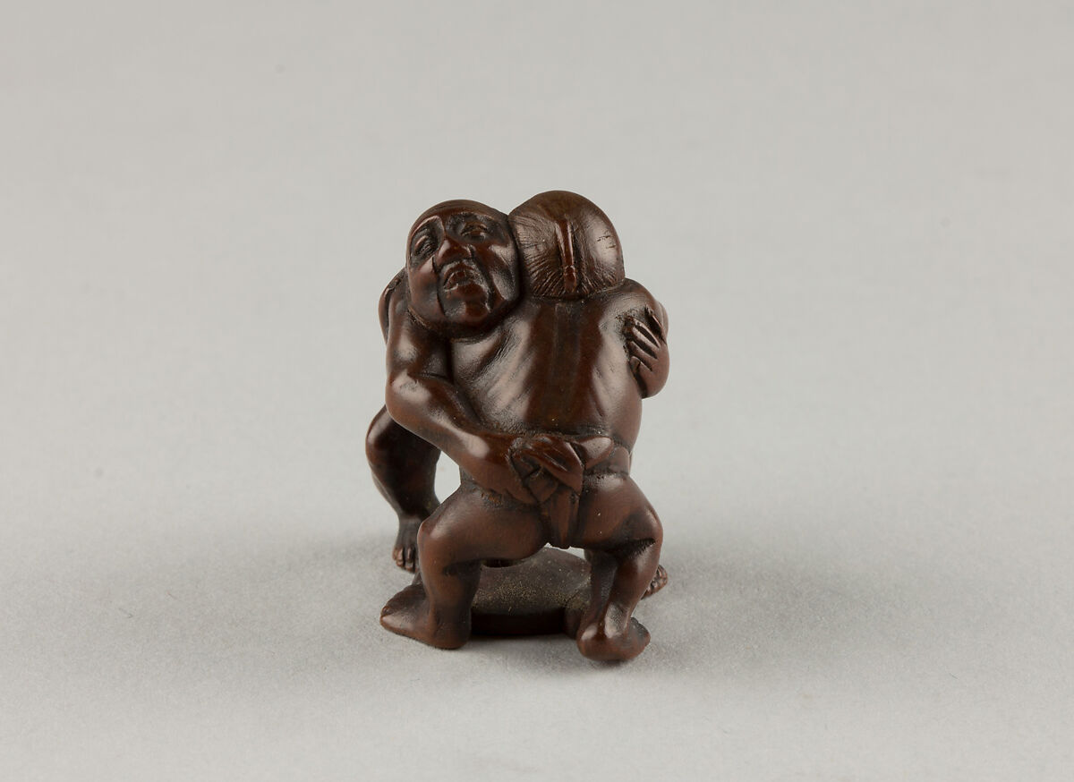 Netsuke of Two Men Wrestling, Wood, Japan