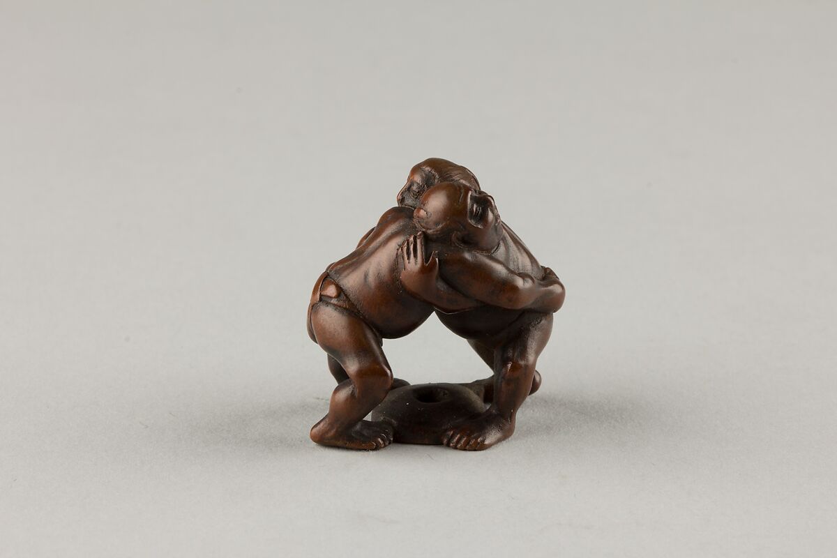 Netsuke of Two Men Wrestling, Wood, Japan 