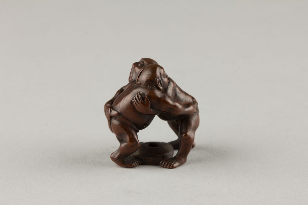 Netsuke of Two Men Wrestling, Wood, Japan