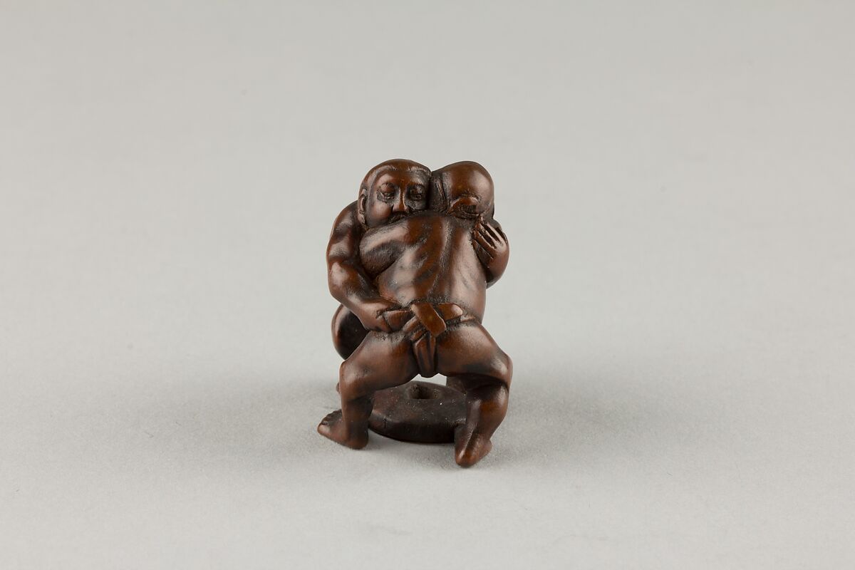 Netsuke of Two Men Wrestling, Wood, Japan