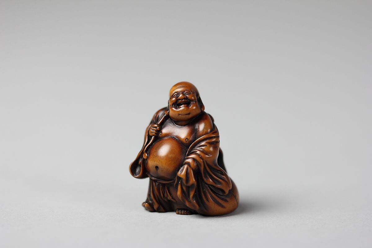 Netsuke of Hotei and Bag with Fan, Wood, Japan 