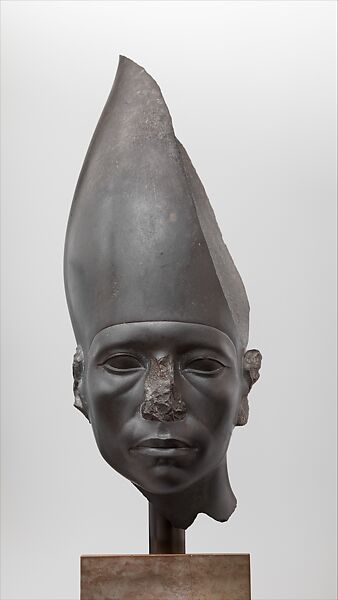 Head of a Statue of Amenemhat III Wearing the White Crown, Greywacke 
