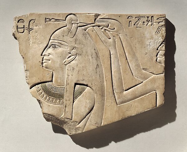 Relief of Queen Neferu Having Her Hair Done, Limestone, paint 