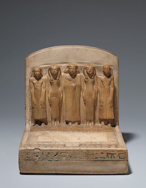 Statue of the Official Senpu and Family and an Offering Table, Limestone, travertine (Egyptian alabaster) 