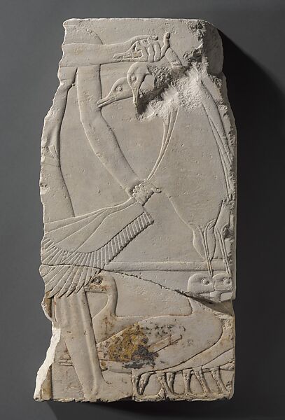 Relief of an Offering Bearer with Pintail Ducks, Limestone, paint 