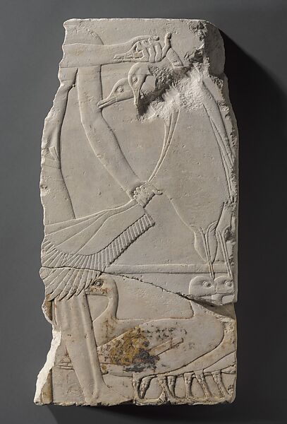 Relief of an Offering Bearer with Pintail Ducks, Limestone, paint