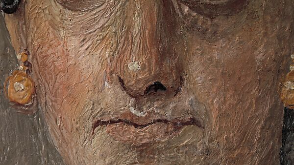 Panel painting of a woman in a blue mantle, Encaustic on wood