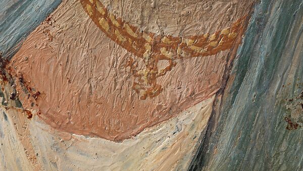 Panel painting of a woman in a blue mantle, Encaustic on wood
