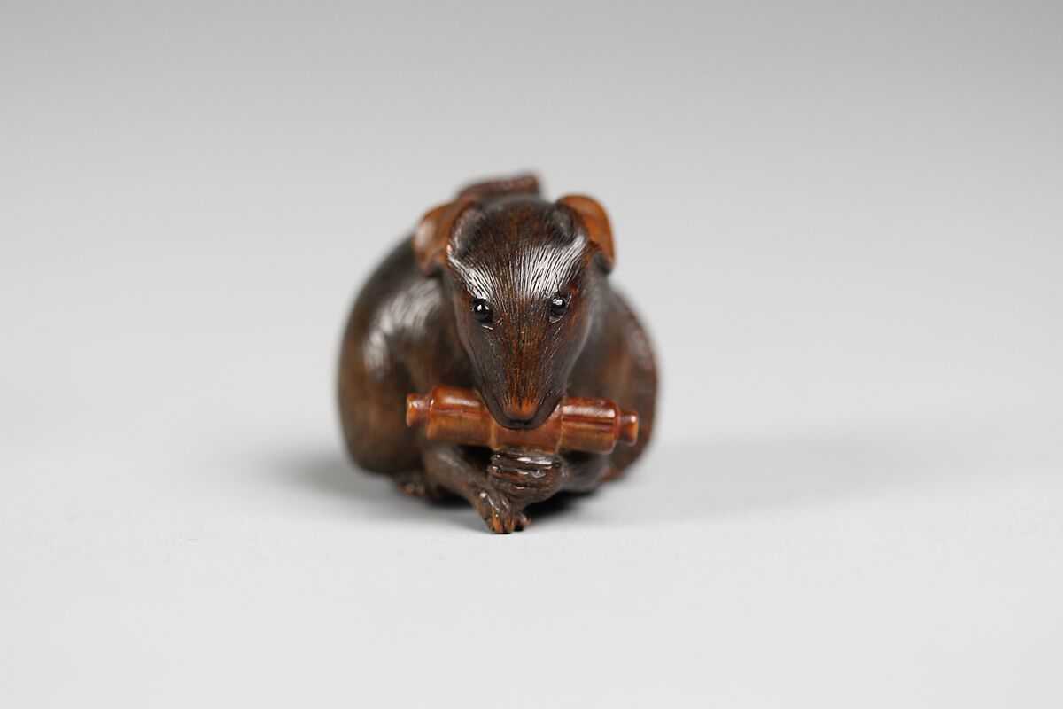 Netsuke of Mouse with Scroll in Mouth, Wood, Japan 