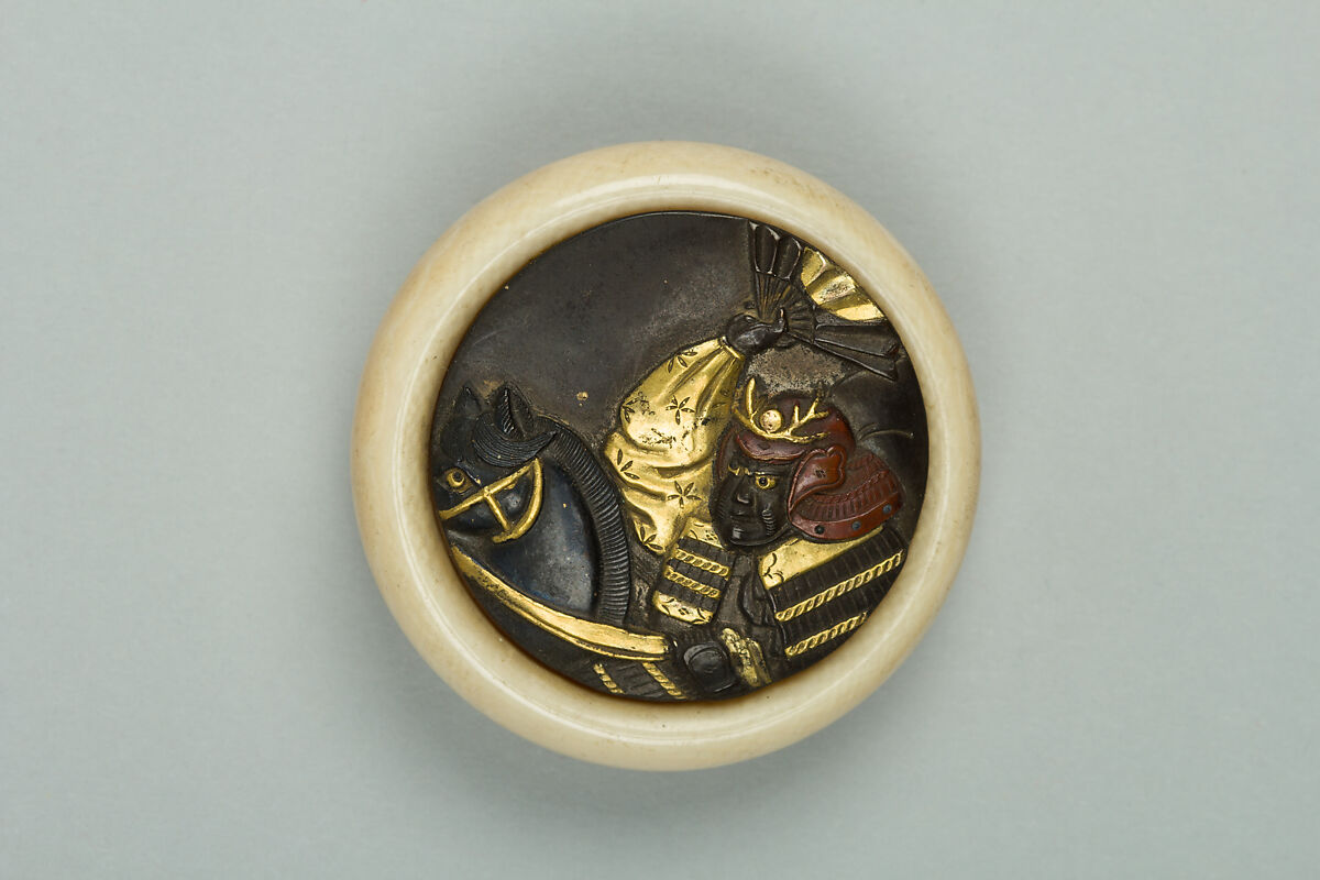 Netsuke, Ivory with bronze disk inlaid with gold, Japan 