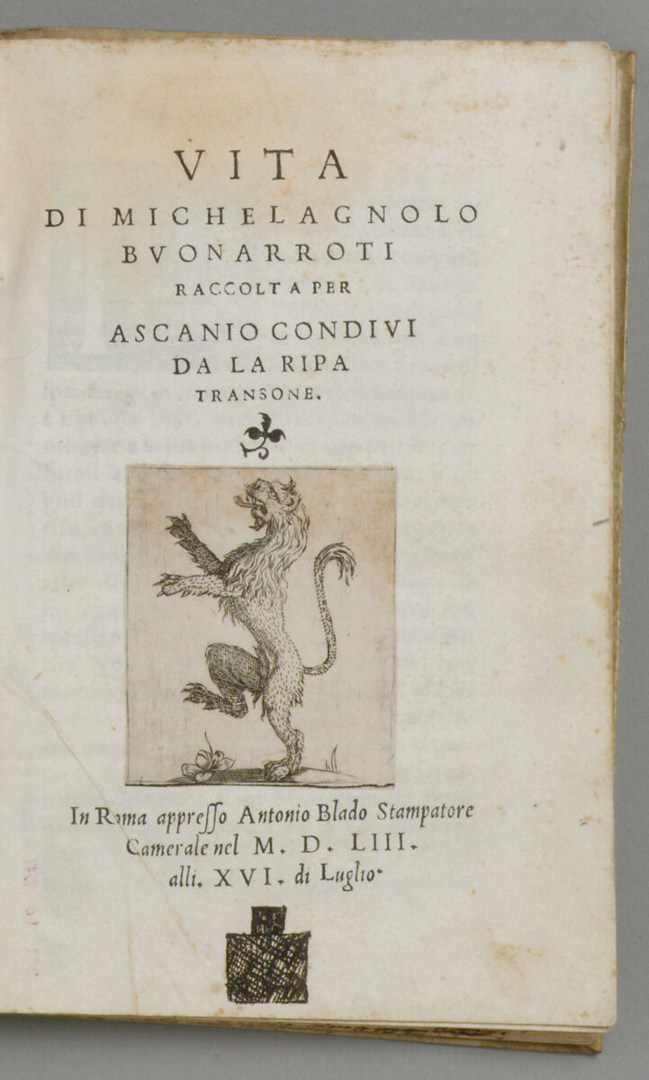 Vita di Michelagnolo Buonarroti raccolta per Ascanio Condivi da la Ripa Transone, Ascanio Condivi (Italian, Ripatransone 1525–1574 Ripatransone), Illustrated book, Rome: Antonio Blado, 1553 (1st ed.)