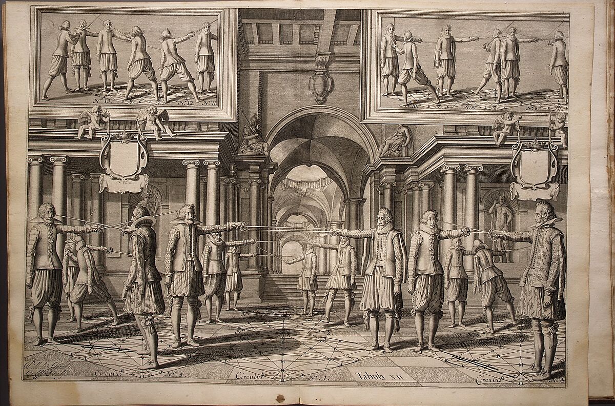 Academie de l'espee; ou se domonstrent par reigles mathématiques sur le fondement d'un cercle mystérieux, la théorie et pratique des vrais . . ., Girard Thibault (Flemish, died ca. 1629), Illustrated book, Anvers, 1628 