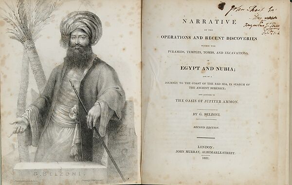 Narrative of the Operations and Recent Discoveries Within the Pyramids, Temples, Tombs and Excavations in Egypt and Nubia; and of a Journey to the Coast of the Red Sea, in Search of the Ancient Berenice; and Another to the Oasis of Jupiter Ammon, Giovanni Battista Belzoni (Italian, 1778–1823), Printed book, London: J. Murray, 1820 