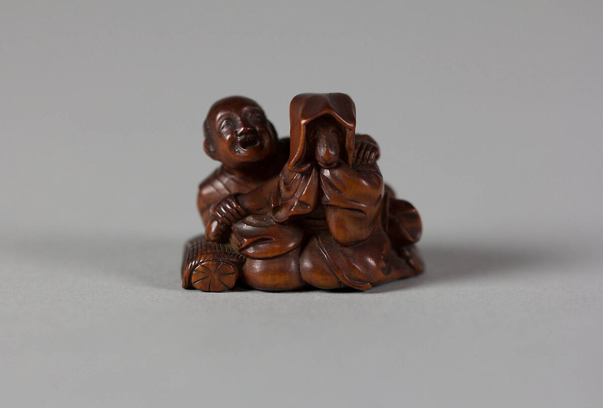 Netsuke of Tokutaro and Fox Disguised as a Woman, Wood, Japan 