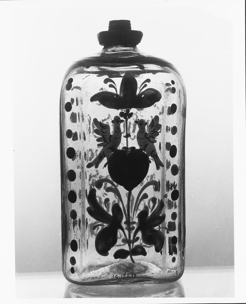 Bottle, Non-lead glass with enamel decoration, pewter 