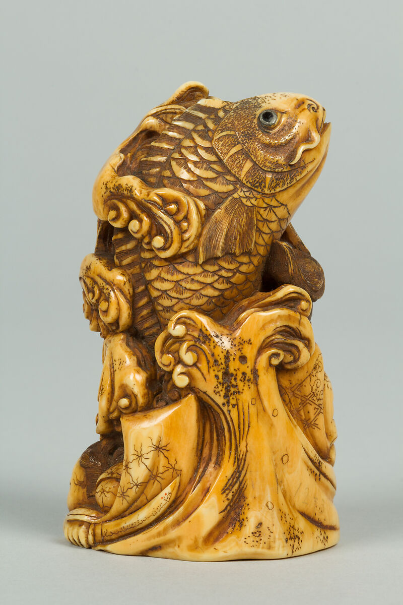 Netsuke of Group of men in the Water holding a Large Carp, Ivory, Japan