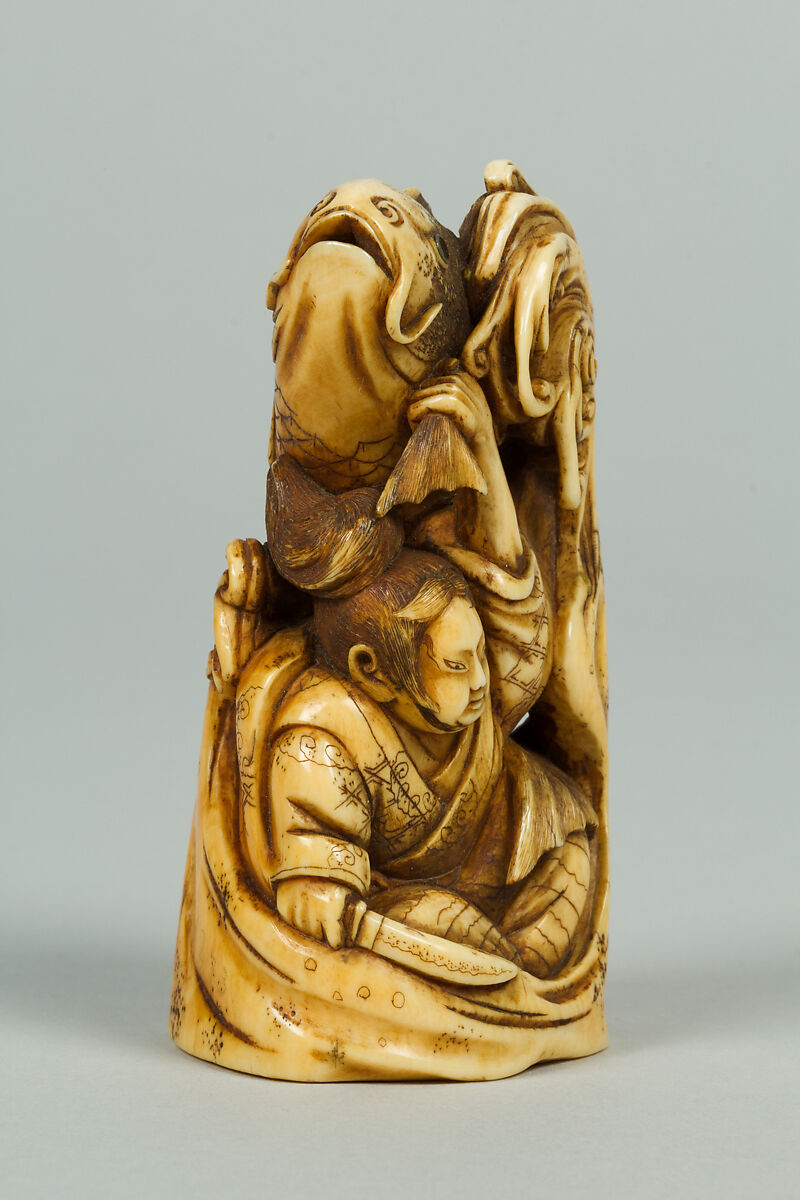 Netsuke of Group of men in the Water holding a Large Carp, Ivory, Japan