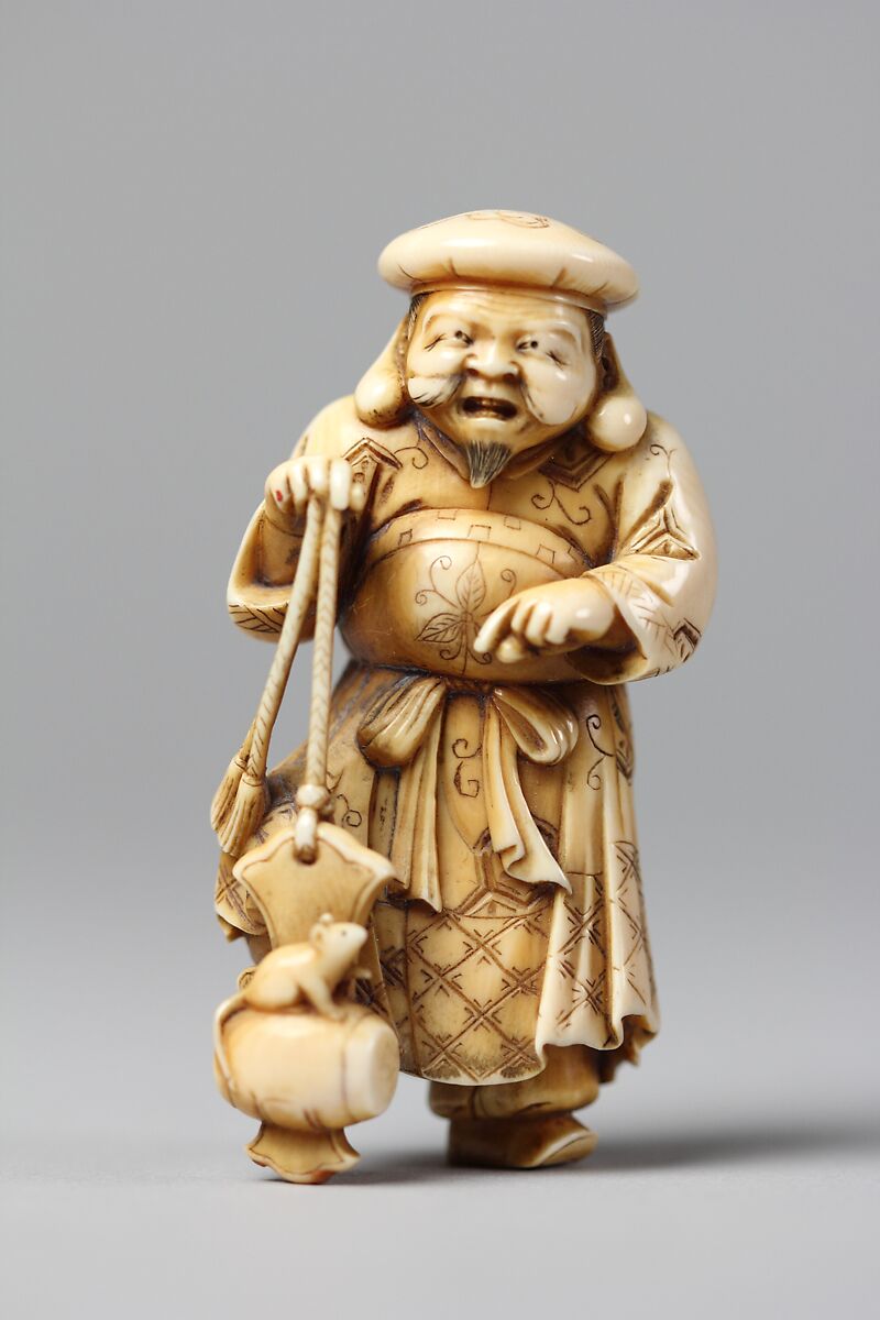 Netsuke of Figure of Daikoku with a Rat on His Mallet, Ivory, Japan 